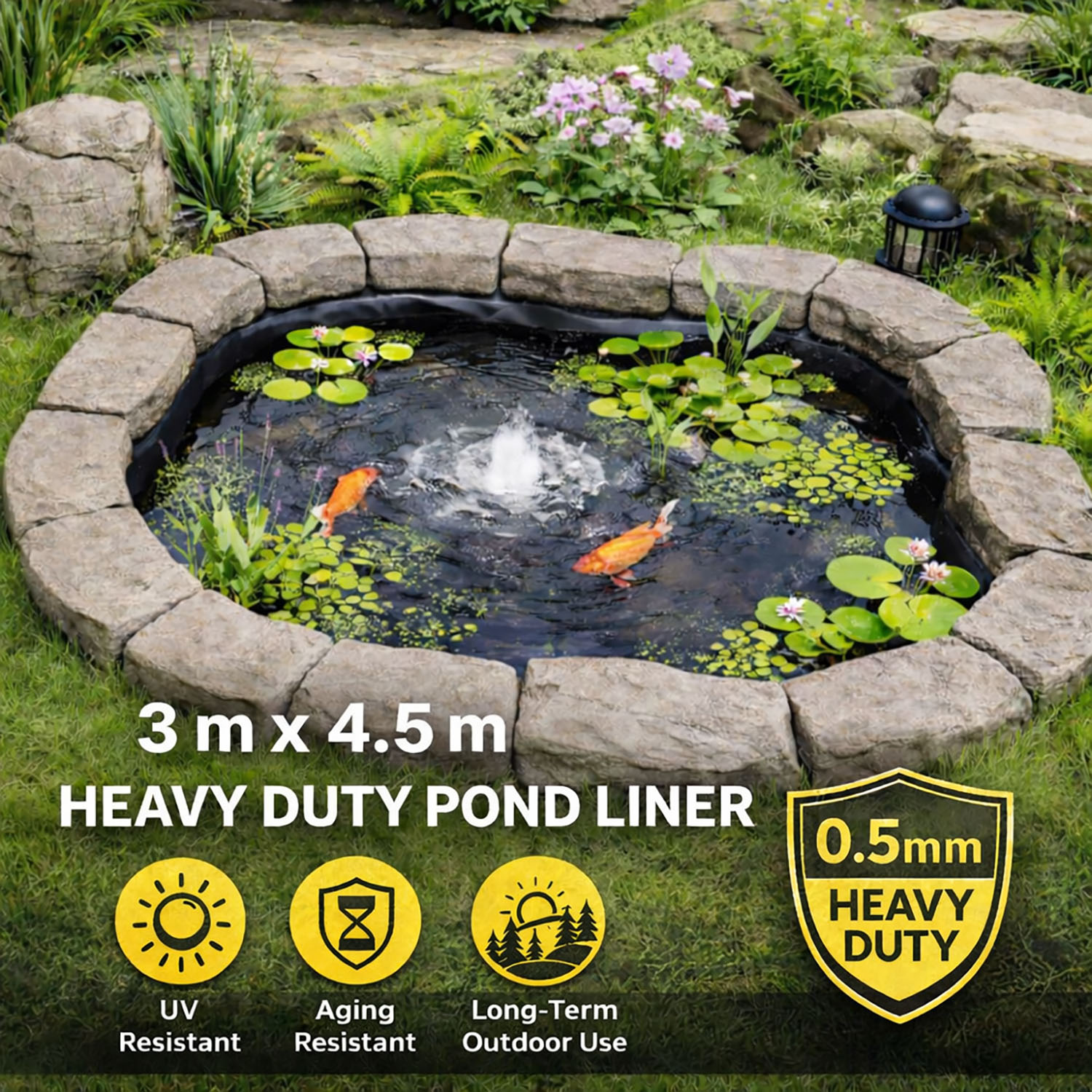 Heavy Duty 0.5mm HDPE Pond Liner Waterproof Sheet 4.5m x 3m for Garden & Fish view 2