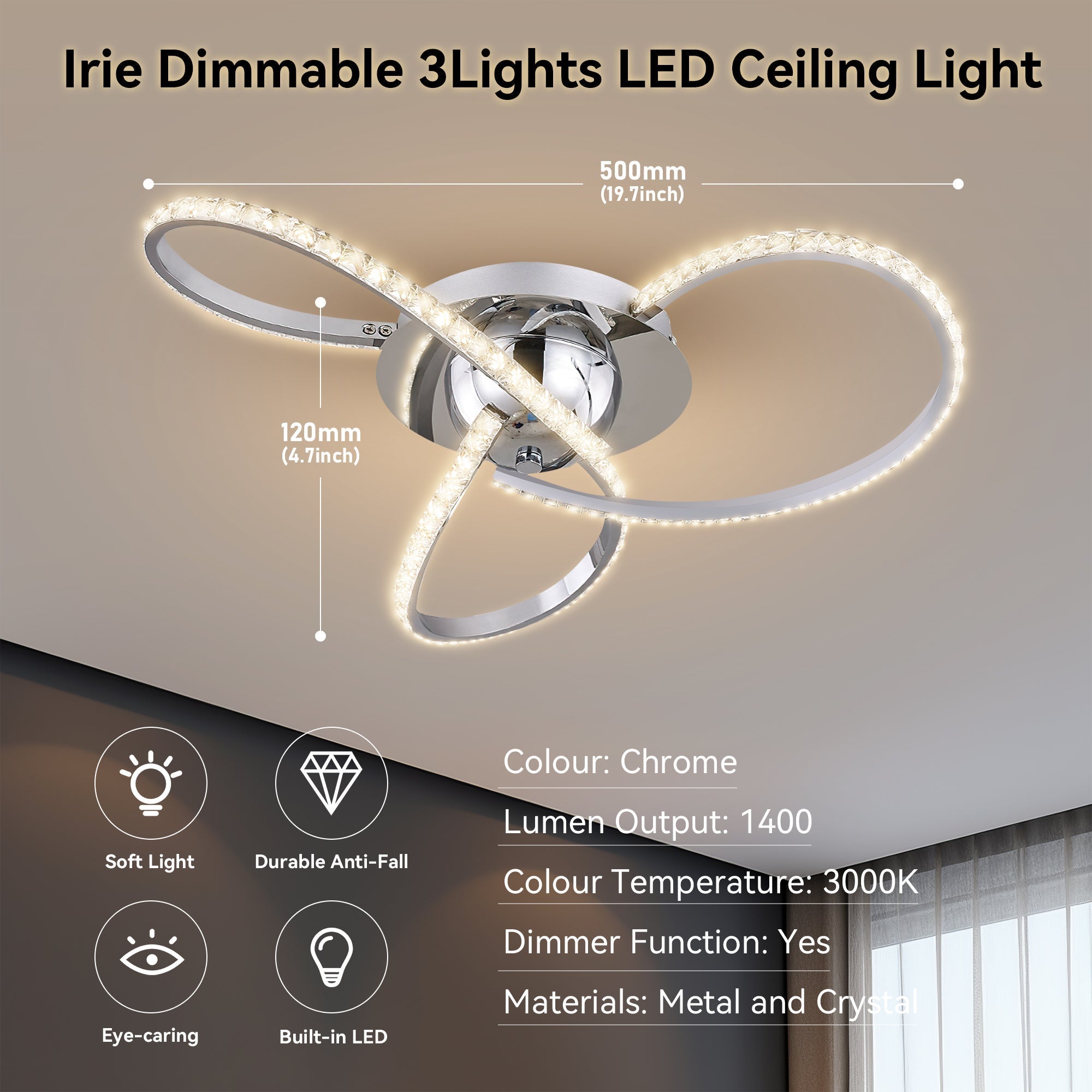 Irie Dimmable 3 Lights LED Ceiling Light - Chrome view 6