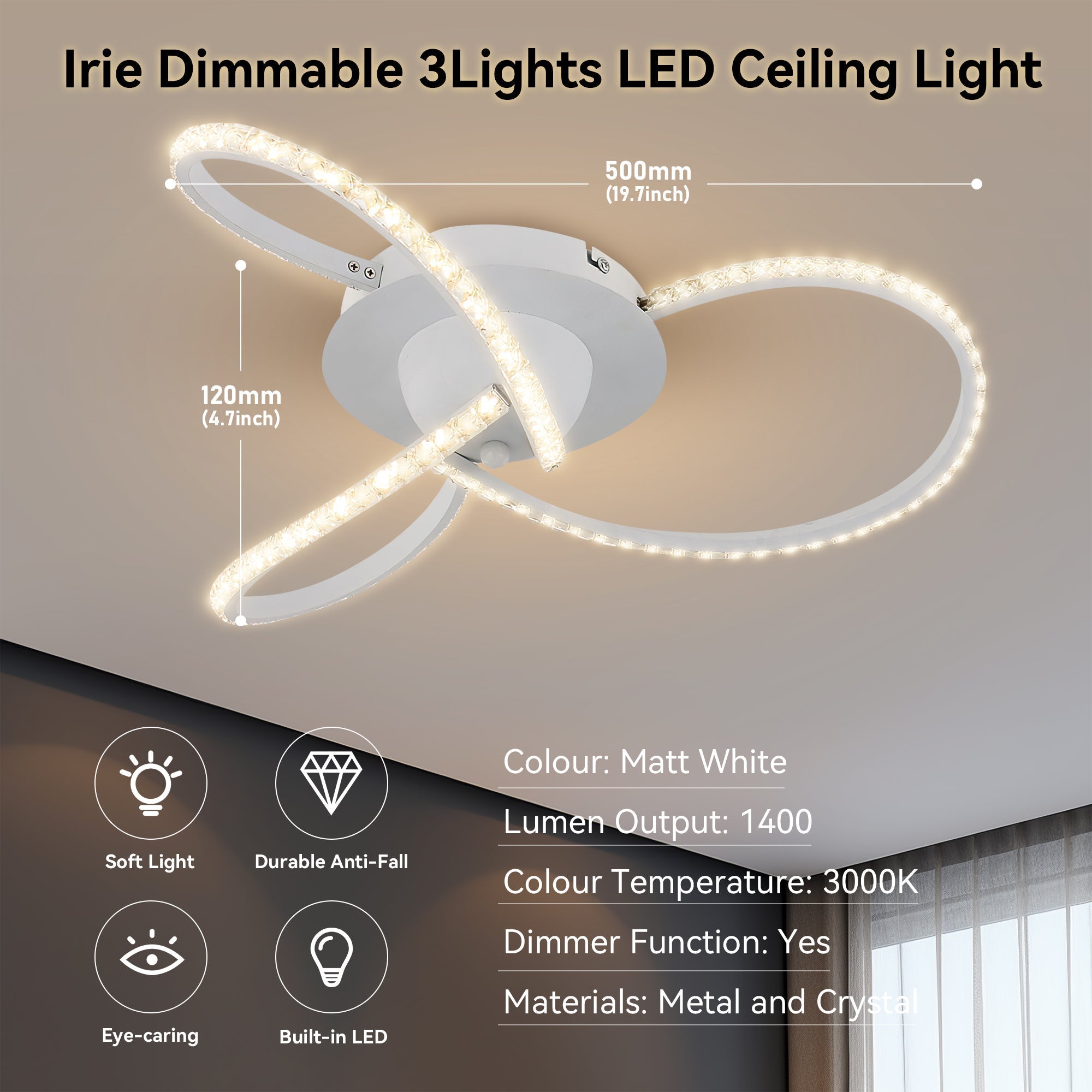 Irie Dimmable 3 Lights LED Ceiling Light - White view 6