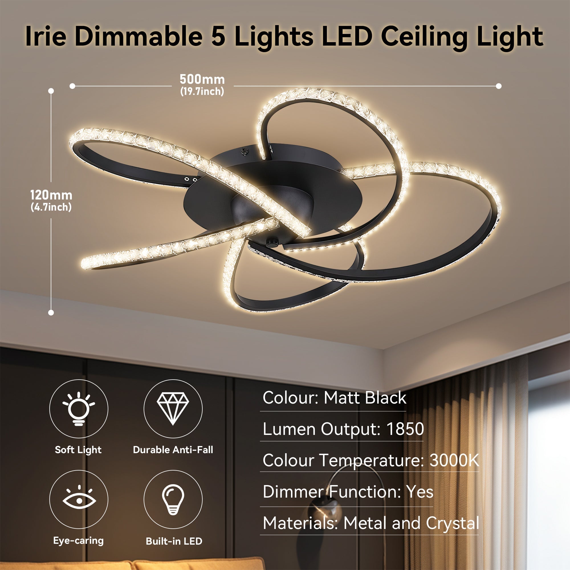 Irie Dimmable 5 Lights LED Ceiling Light - Black view 8
