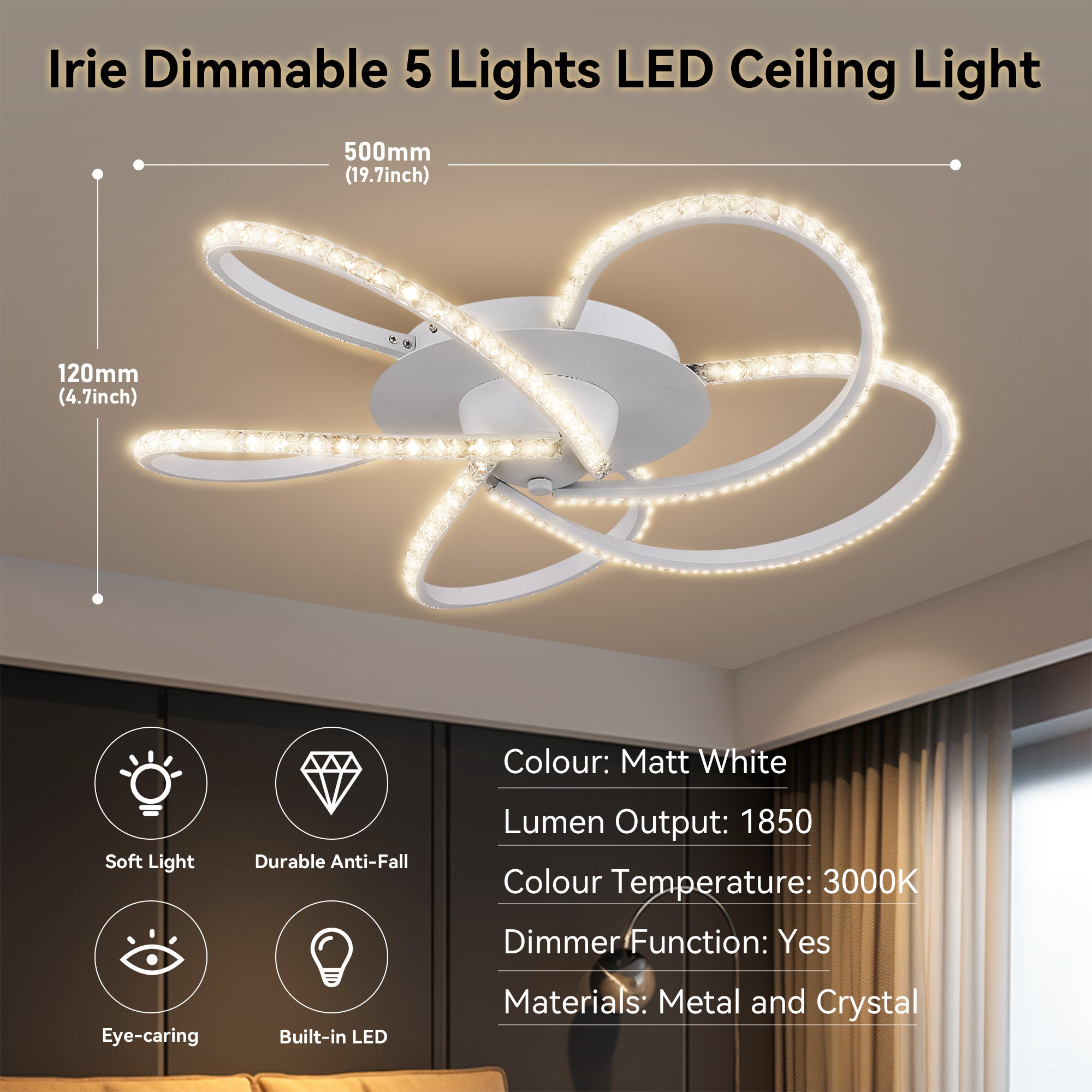 Irie Dimmable 5 Lights LED Ceiling Light - White view 8