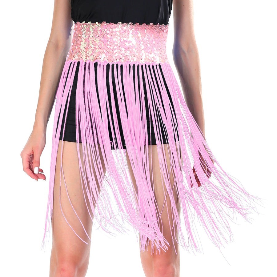 Sequin Belt w/ Fringe Skirt Belly Dance Dancer Costume Party - Light Pink view 2