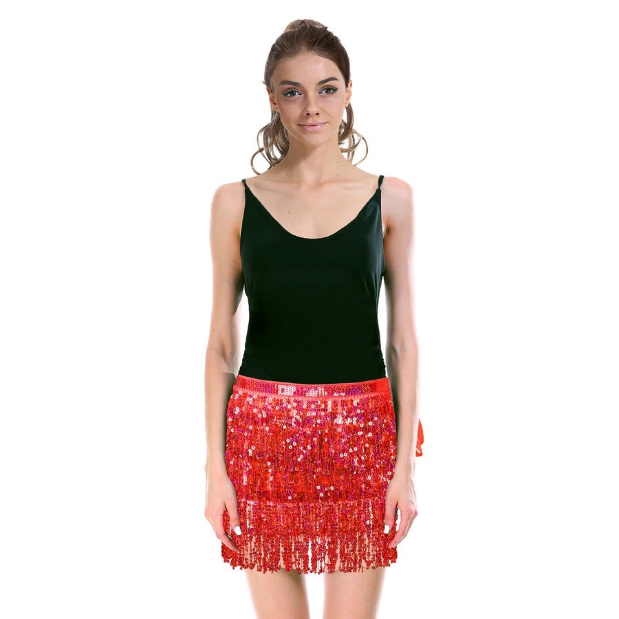 Adult Sequin Fringe Skirt w/ Adjustable Tie Costume Party in Red view 2