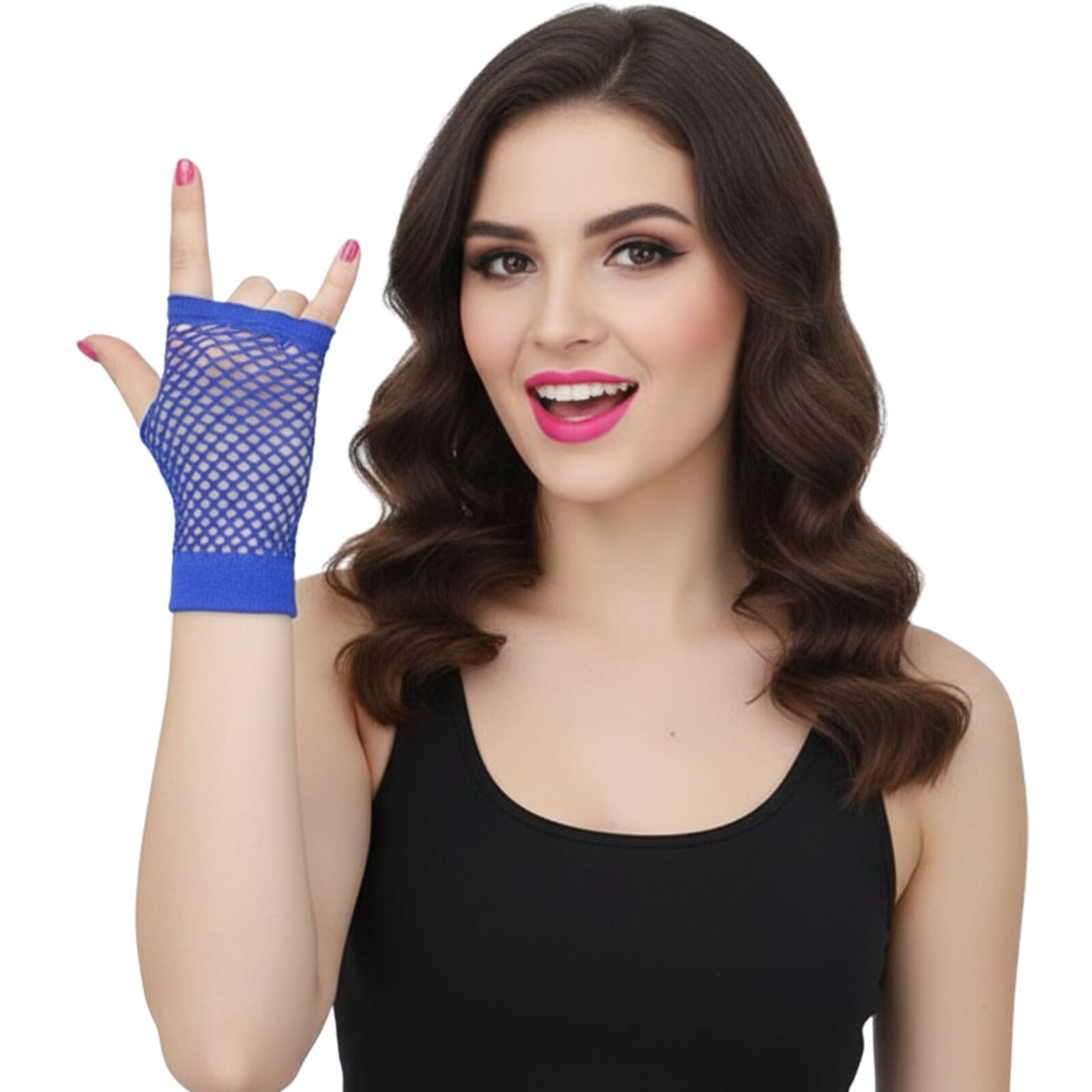 24 Pair Fishnet Gloves Fingerless Wrist Length 70s 80s Costume Party Bulk - Blue view 3