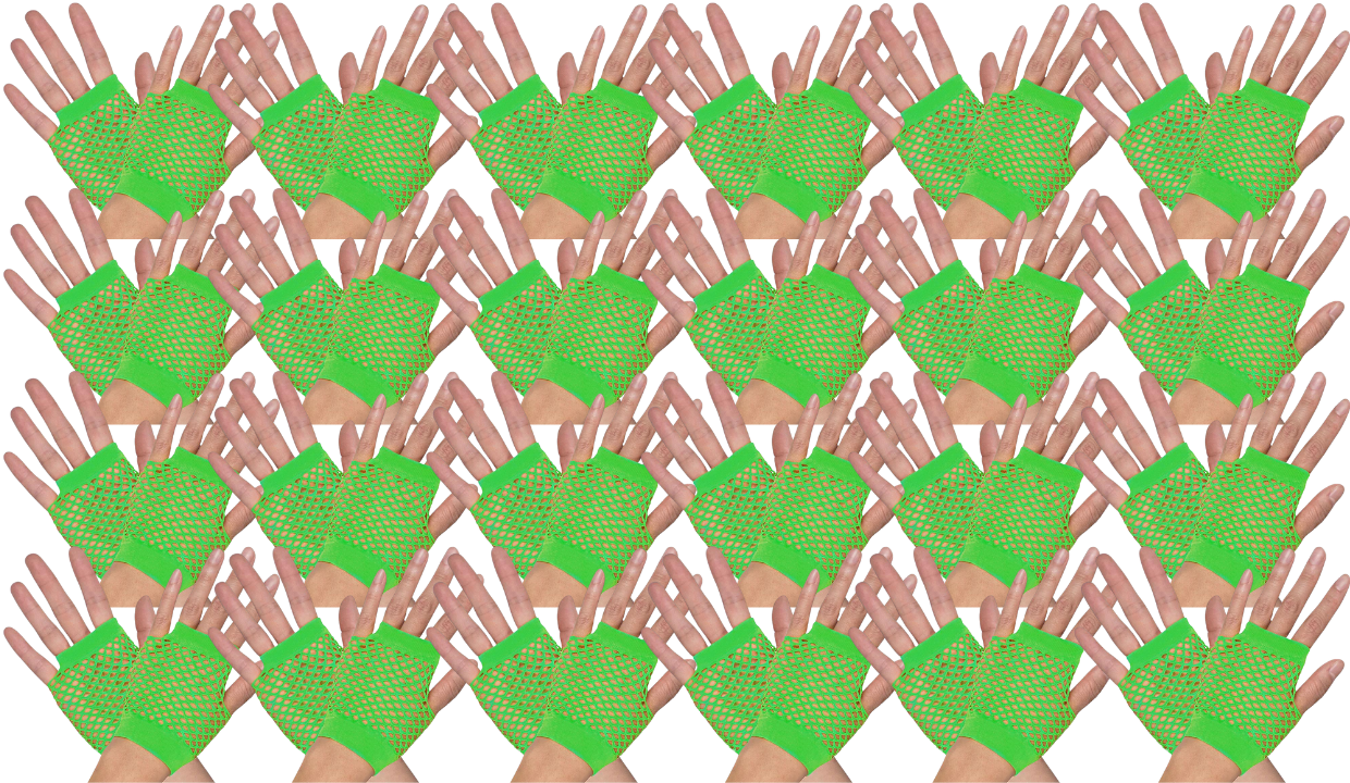 24 Pair Fishnet Gloves Fingerless Wrist Length 70s 80s Costume Party Fluro Green view 2
