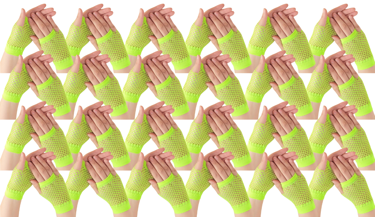 24 Pair Fishnet Gloves Fingerless Wrist Length 70s80s Costume Party Fluro Yellow view 2