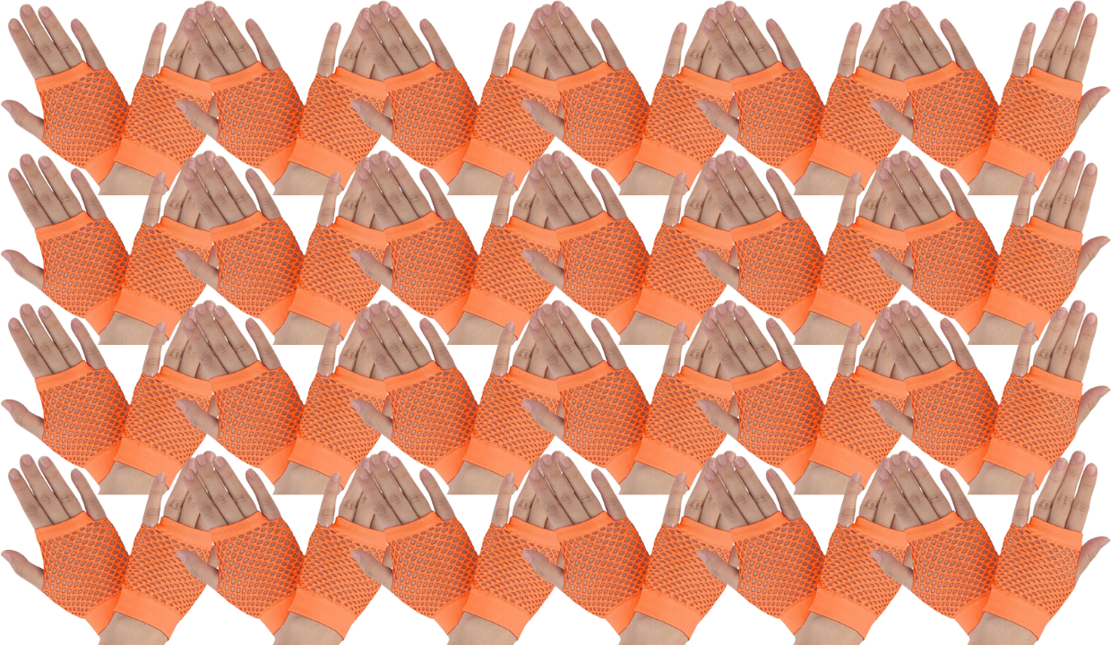 24 Pair Fishnet Gloves Fingerless Wrist Length 70s 80s Costume Party - Orange