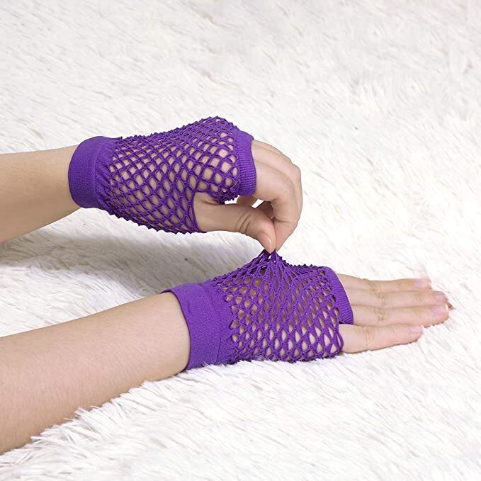 24 Pair Fishnet Gloves Fingerless Wrist Length 70s 80s Costume Party - Purple view 3