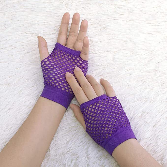 24 Pair Fishnet Gloves Fingerless Wrist Length 70s 80s Costume Party - Purple view 4