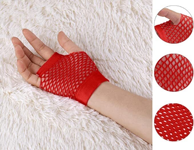 24 Pair Fishnet Gloves Fingerless Wrist Length 70s 80s Costume Party Bulk - Red view 5