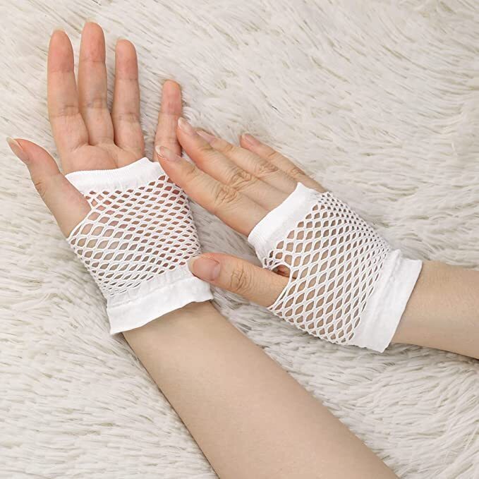 24 Pair Fishnet Gloves Fingerless Wrist Length 70s 80s Costume Party - White view 2
