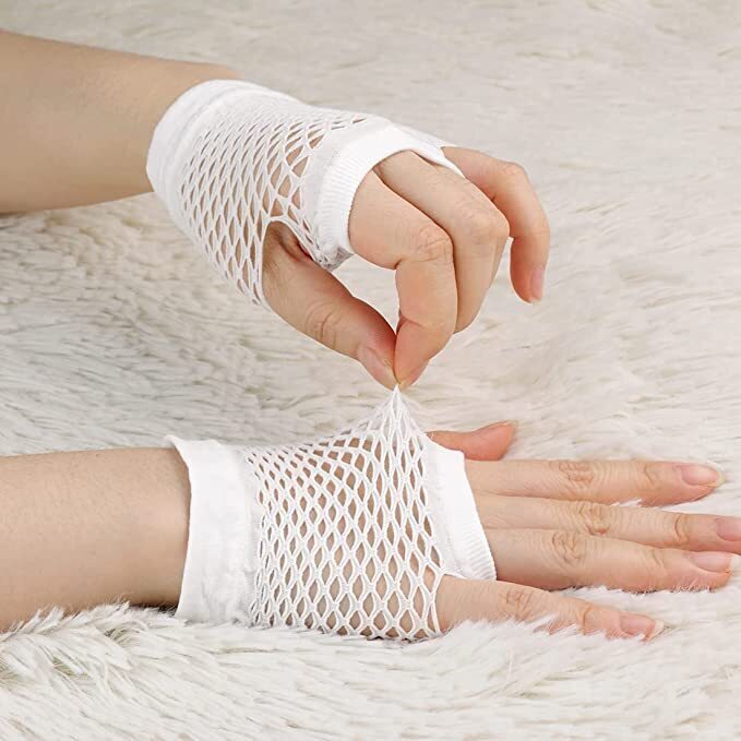 24 Pair Fishnet Gloves Fingerless Wrist Length 70s 80s Costume Party - White view 3