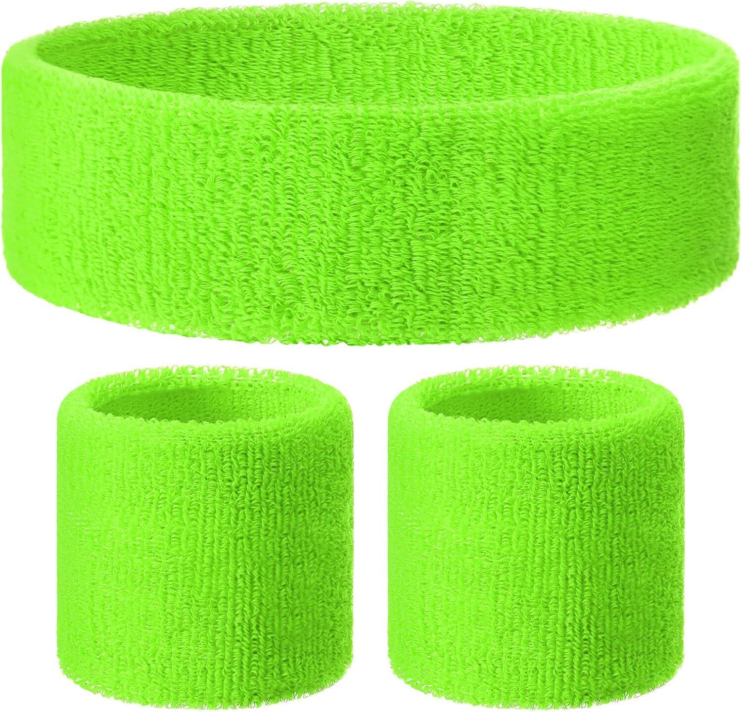 WRISTBAND & HEADBAND SET Tennis Terry Towelling Cotton Sweat Band - Fluro
