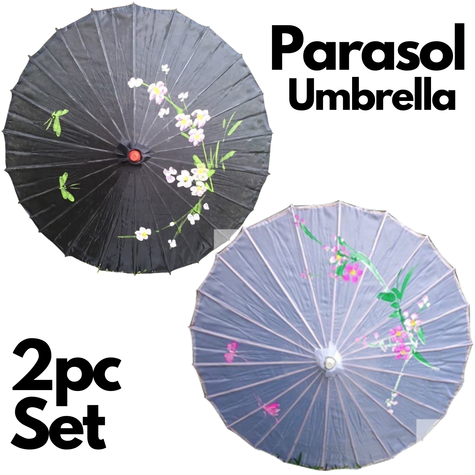 2pc Set Parasol Umbrella Black + White Chinese Japanese Bamboo Flower Pattern view 2