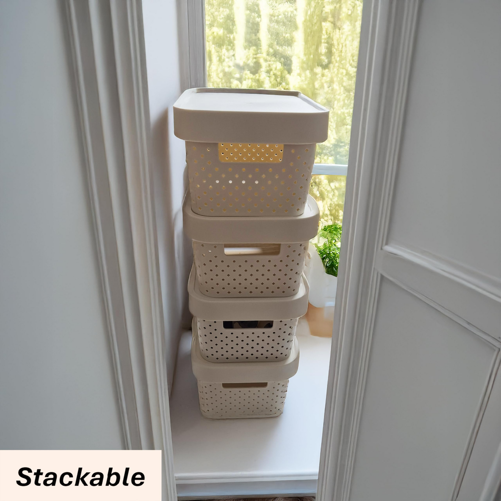 24x 5L Premium Plastic Storage Basket Container Box w/ Lid Dot Pattern view 4