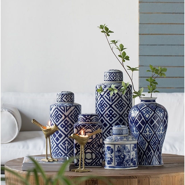 Valora Blue & White Cylinder Jar 35cm view 3