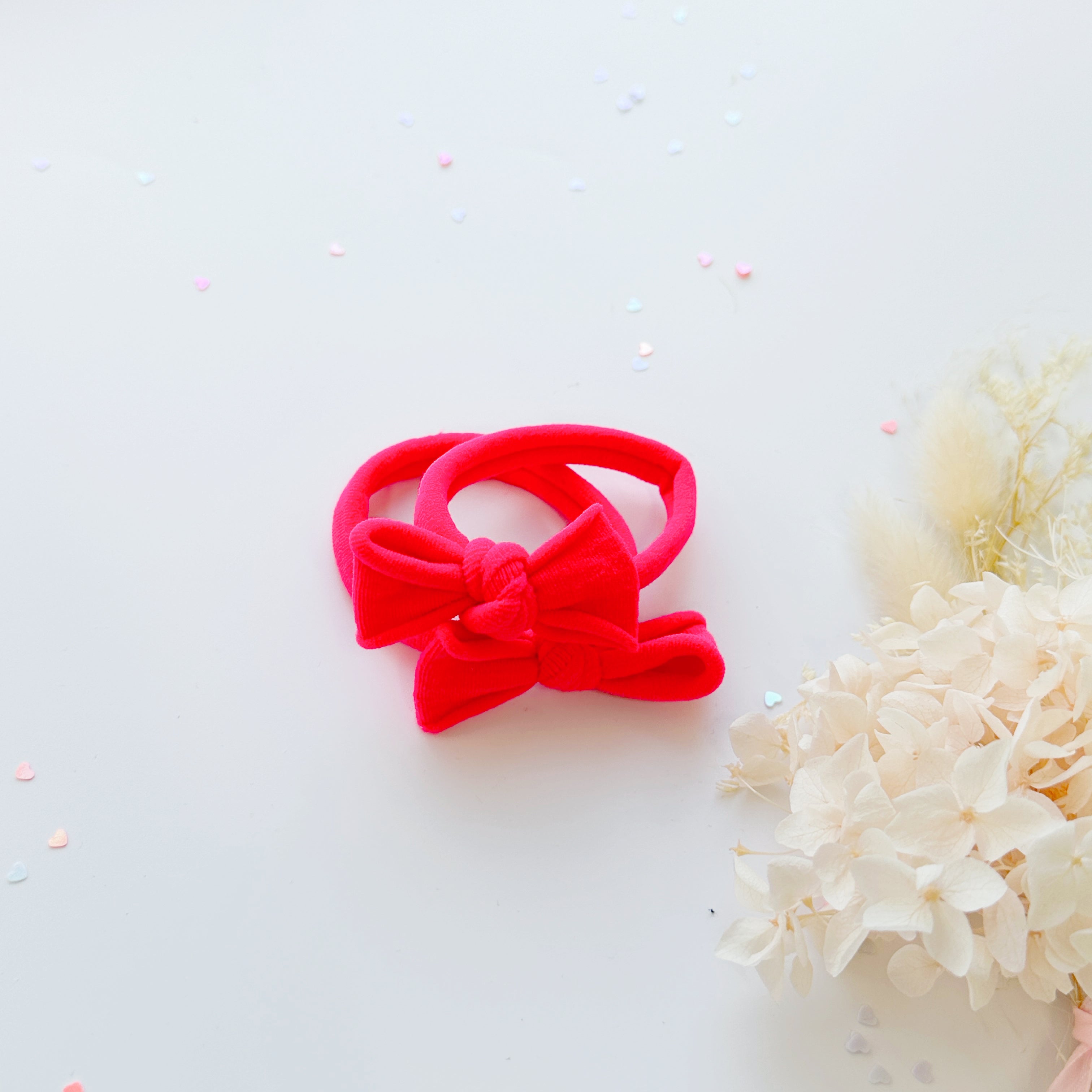 Handmade Simple Bow metal free hair ties -Sky - 1 Pairs - Bright Pink view 3