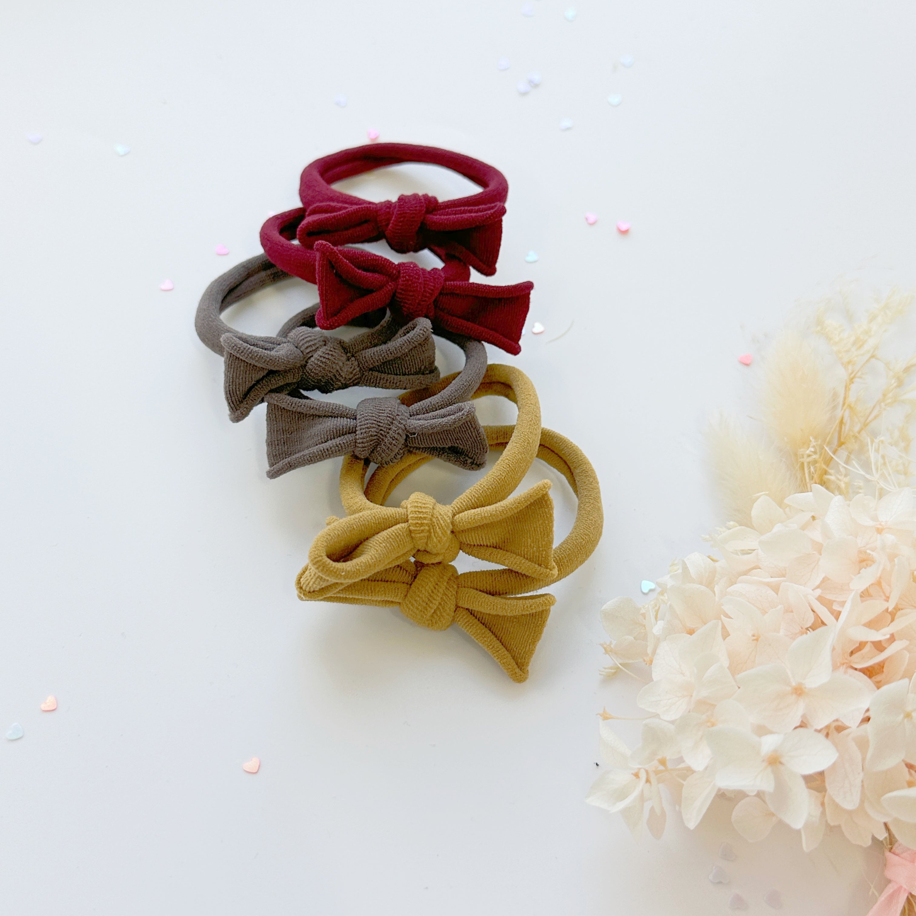 Handmade Simple Bow metal free hair ties -Mustard - 1 Pairs - Grey
