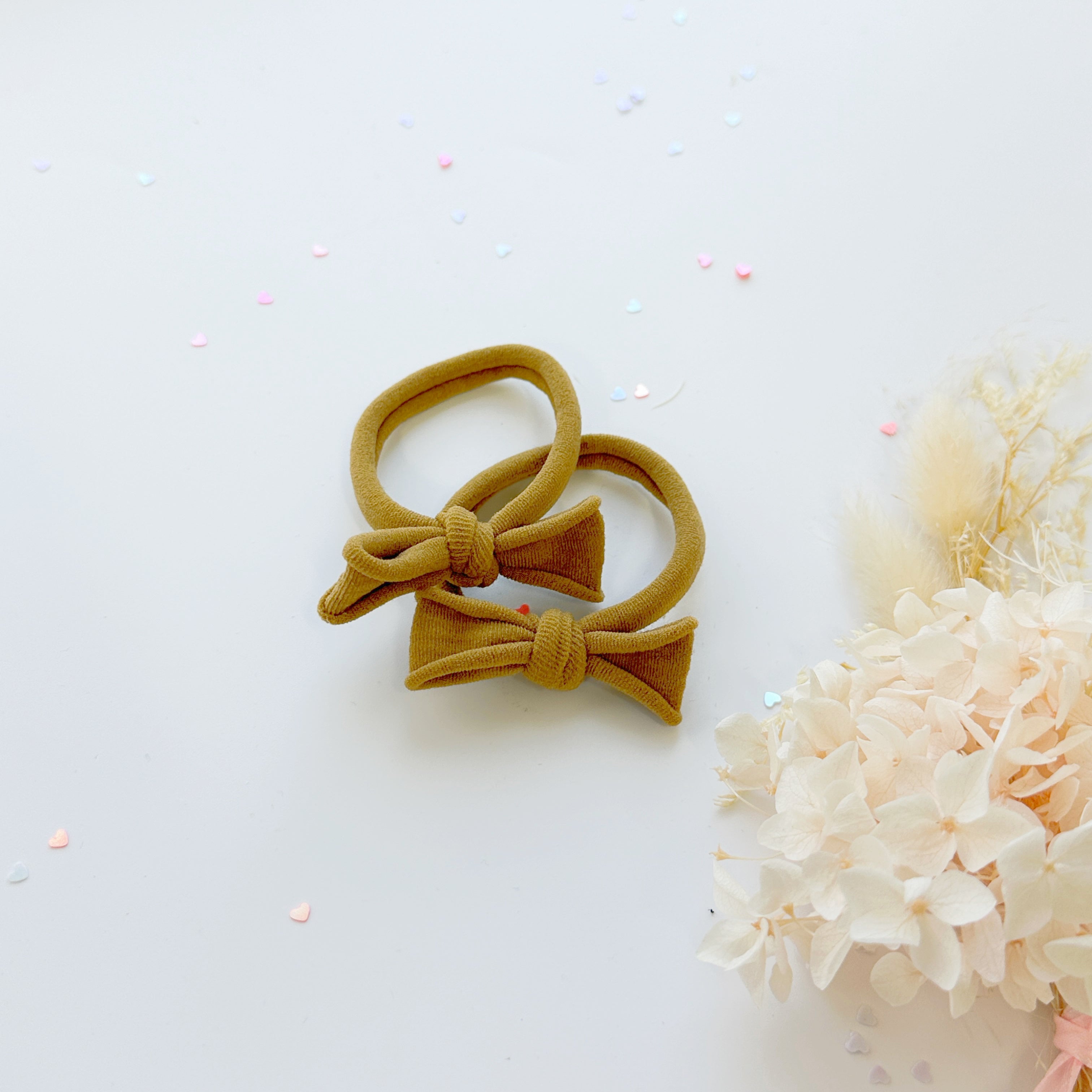 Handmade Simple Bow metal free hair ties -Mustard - 1 Pairs - Grey view 5