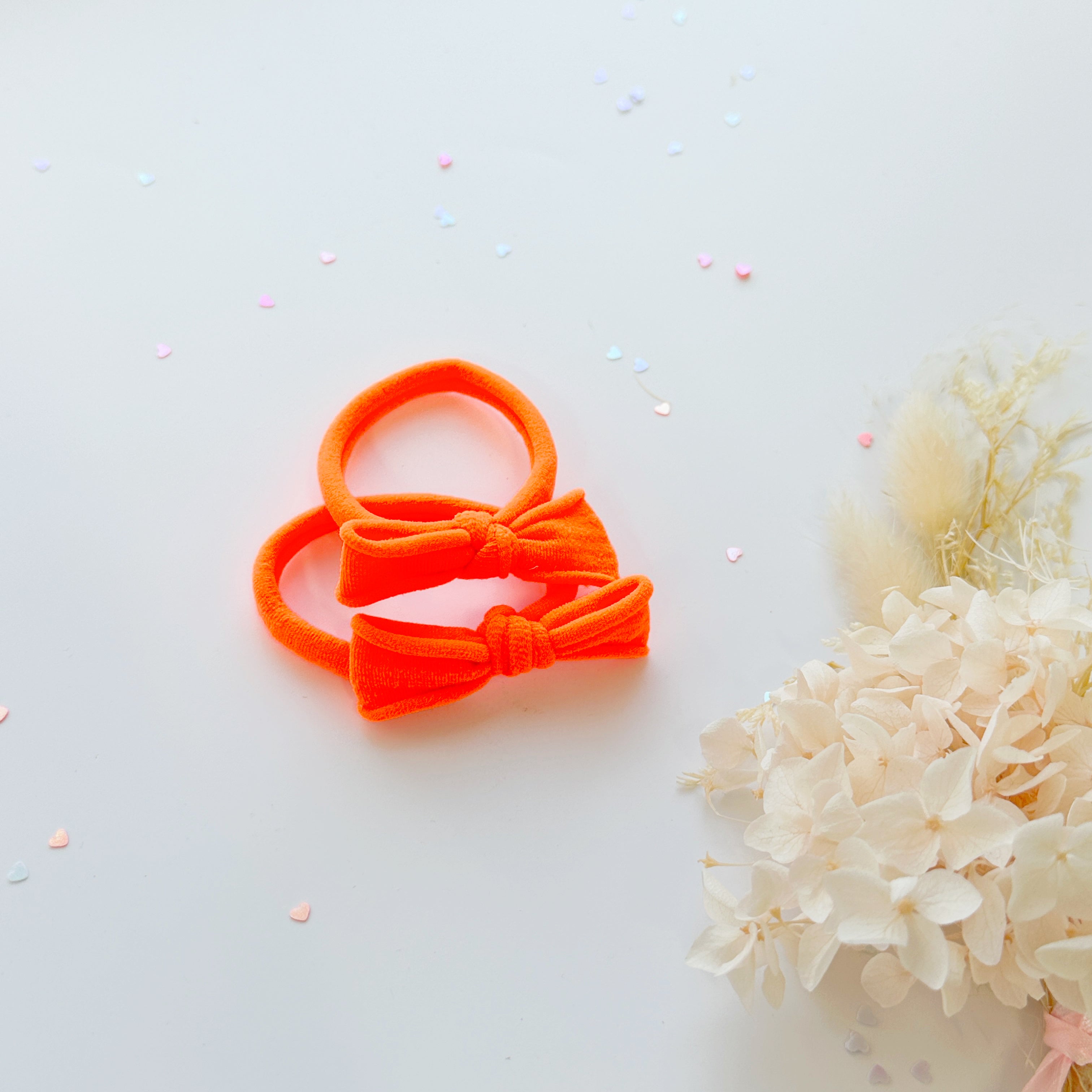 Handmade Simple Bow metal free hair ties - Neon - 1 Pairs - Neon Orange view 3