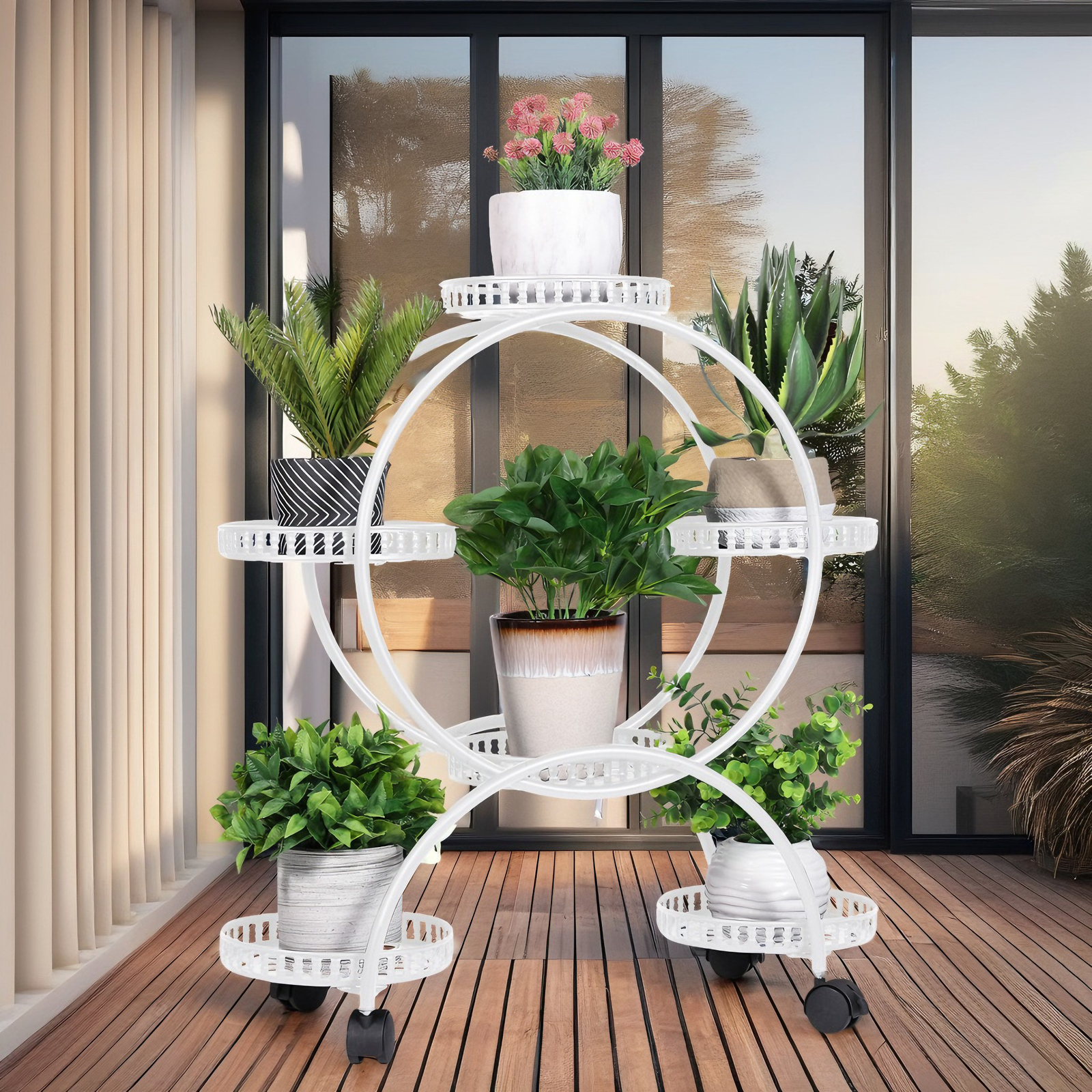 Fin White Metal Plant Stand 6-Potted Flower Pot Holder W Wheels 4 Tier Display view 2