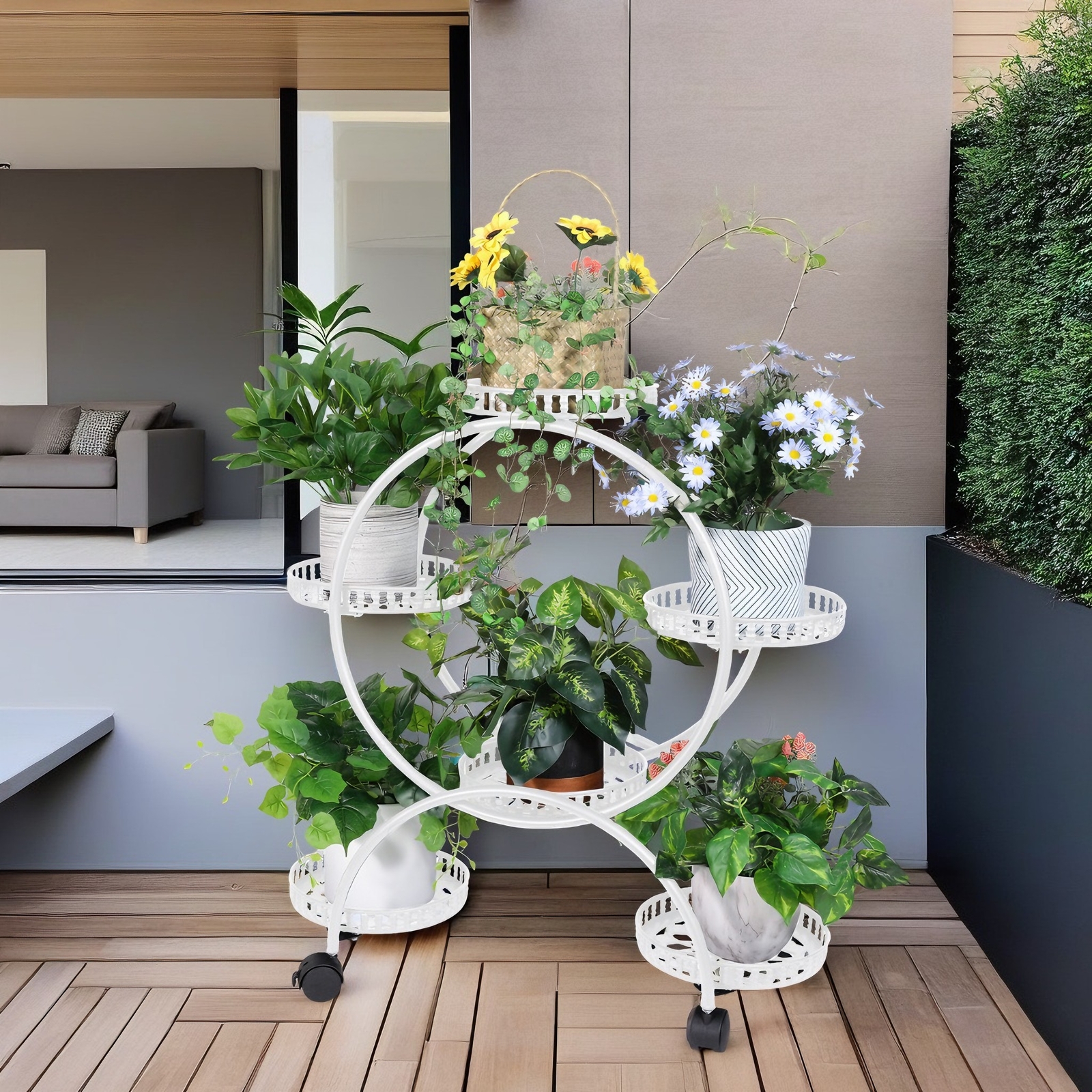 Fin White Metal Plant Stand 6-Potted Flower Pot Holder W Wheels 4 Tier Display view 5