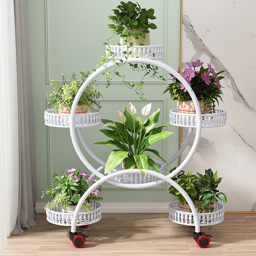Fin White Metal Plant Stand 6-Potted Flower Pot Holder W Wheels 4 Tier Display view 6