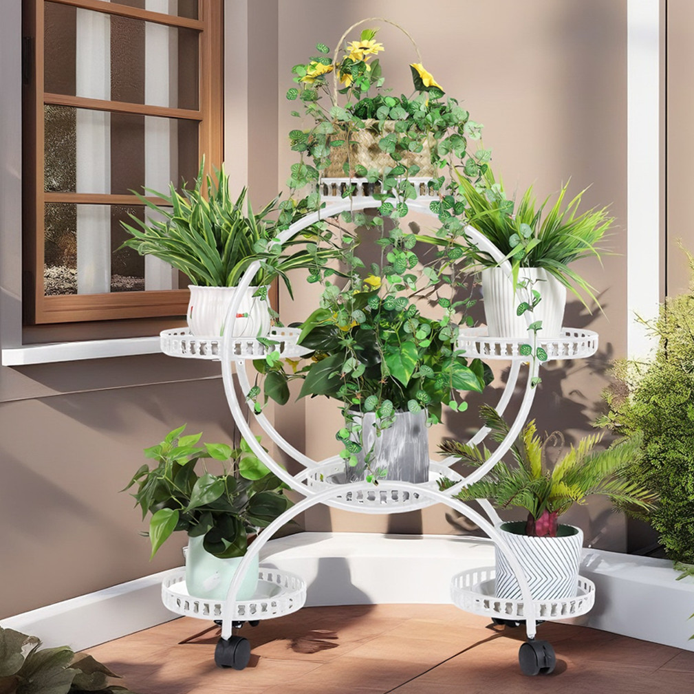 Fin White Metal Plant Stand 6-Potted Flower Pot Holder W Wheels 4 Tier Display view 7