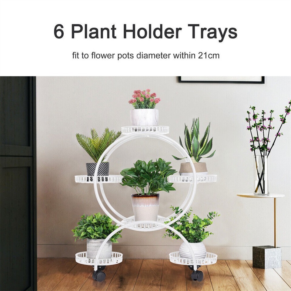 Fin White Metal Plant Stand 6-Potted Flower Pot Holder W Wheels 4 Tier Display view 8