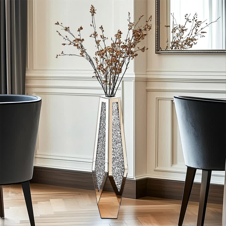 P&P Silver Sparkling Diamond Floor Vase with Glass Inlay for Modern Living view 3