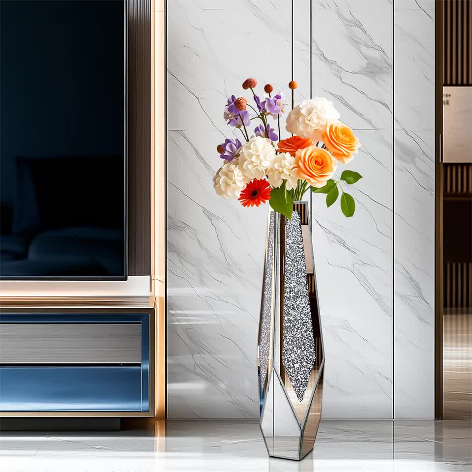 P&P Silver Sparkling Diamond Floor Vase with Glass Inlay for Modern Living view 5