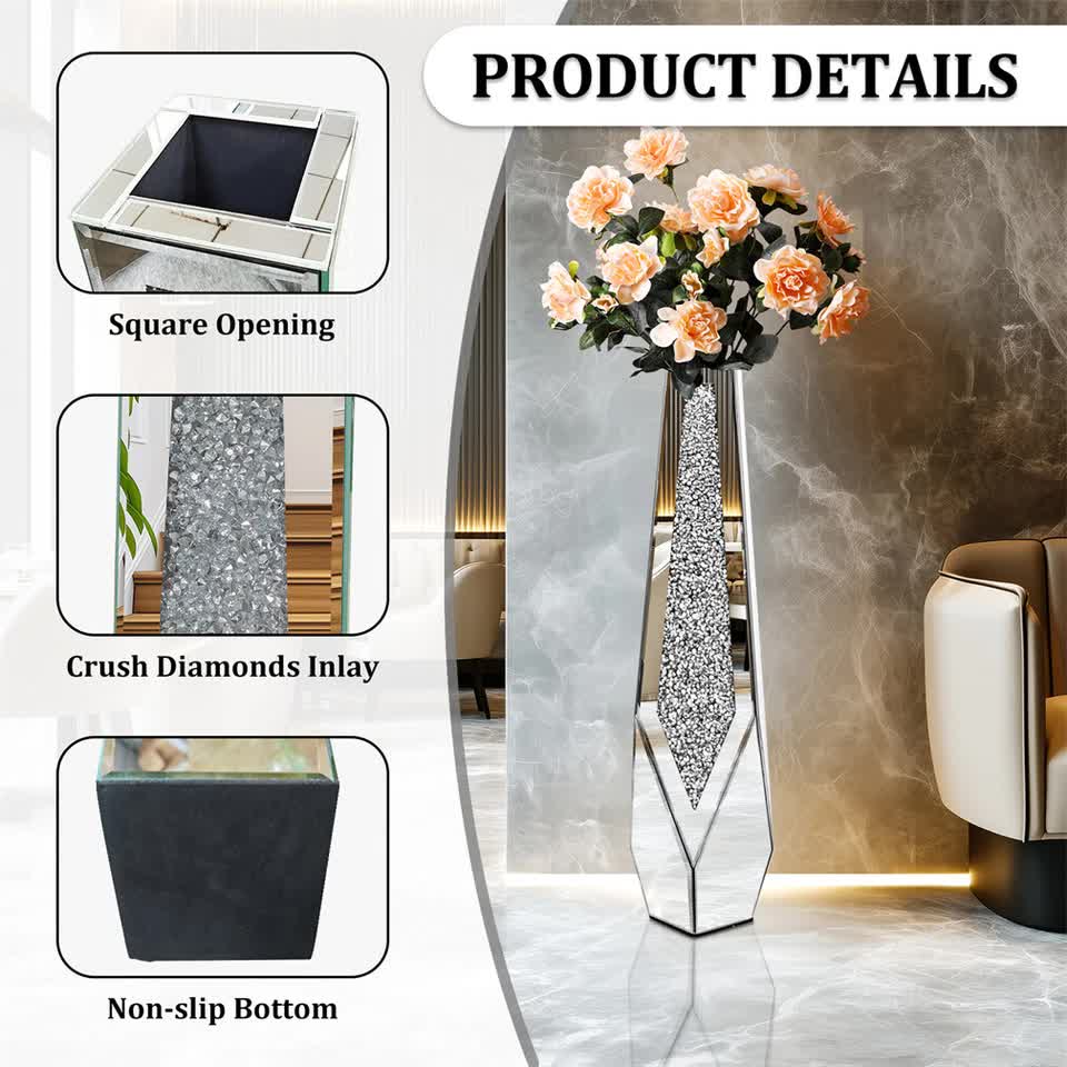 P&P Silver Sparkling Diamond Floor Vase with Glass Inlay for Modern Living view 6
