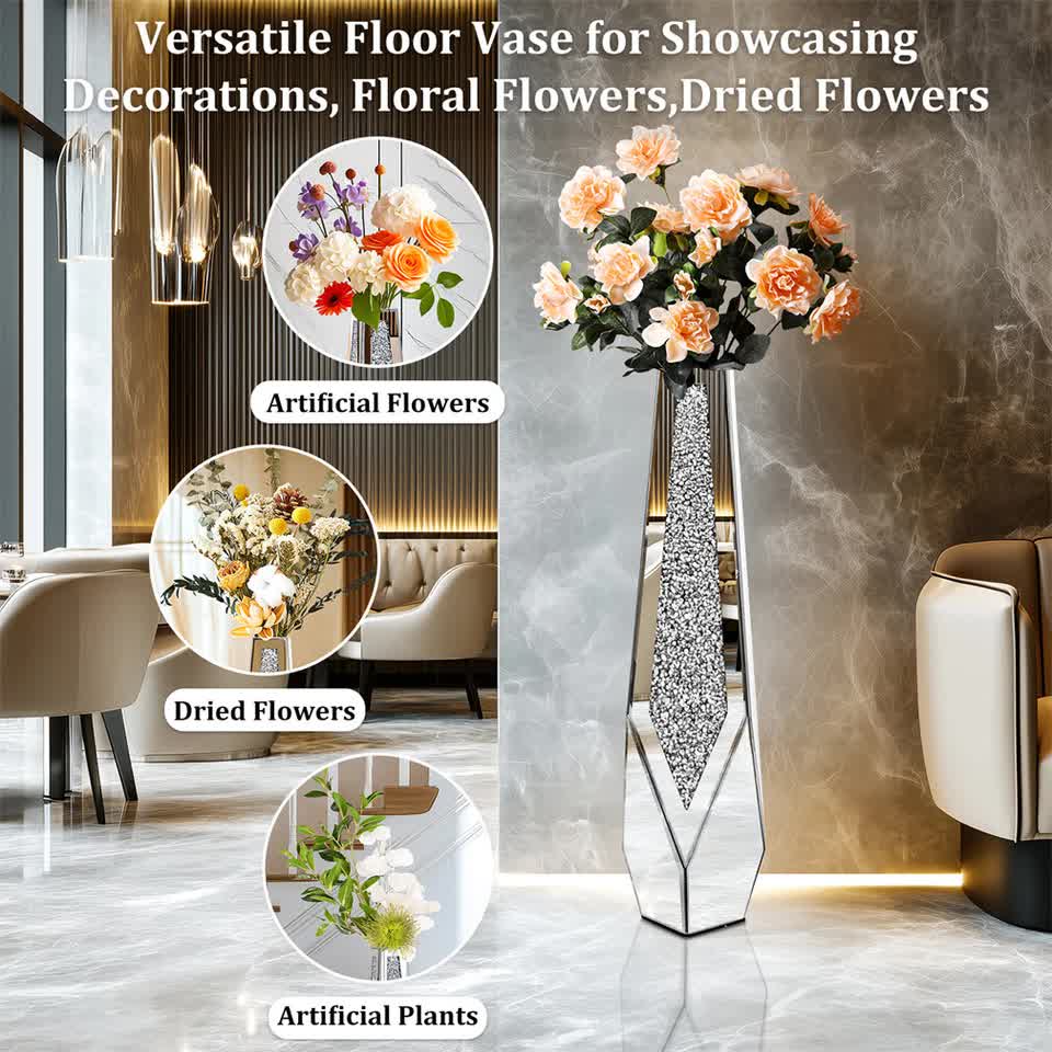 P&P Silver Sparkling Diamond Floor Vase with Glass Inlay for Modern Living view 8