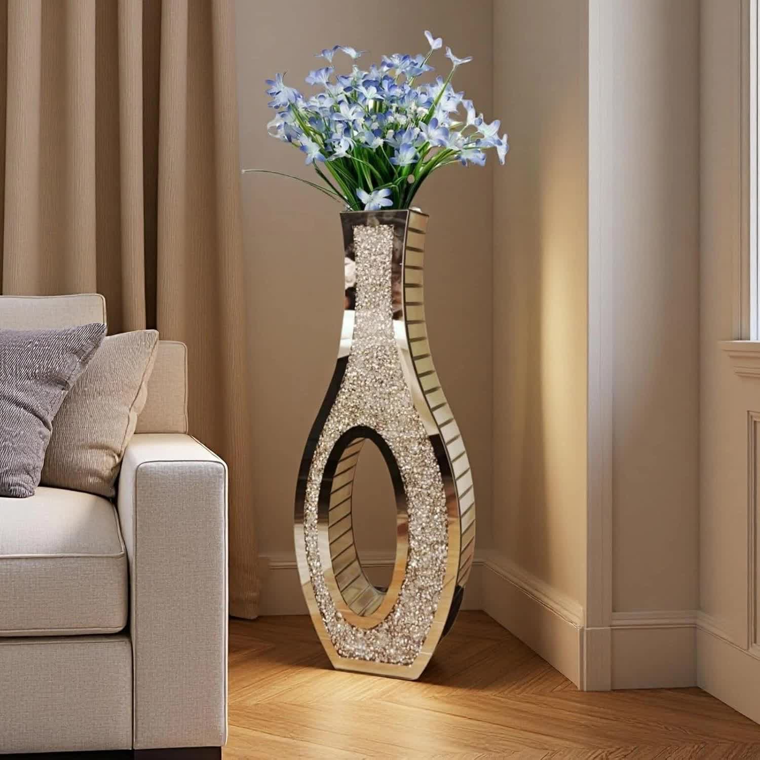 30-Inch Tall Double Sided Crushed Diamond Floor Vase Large Mirrored Silver view 2