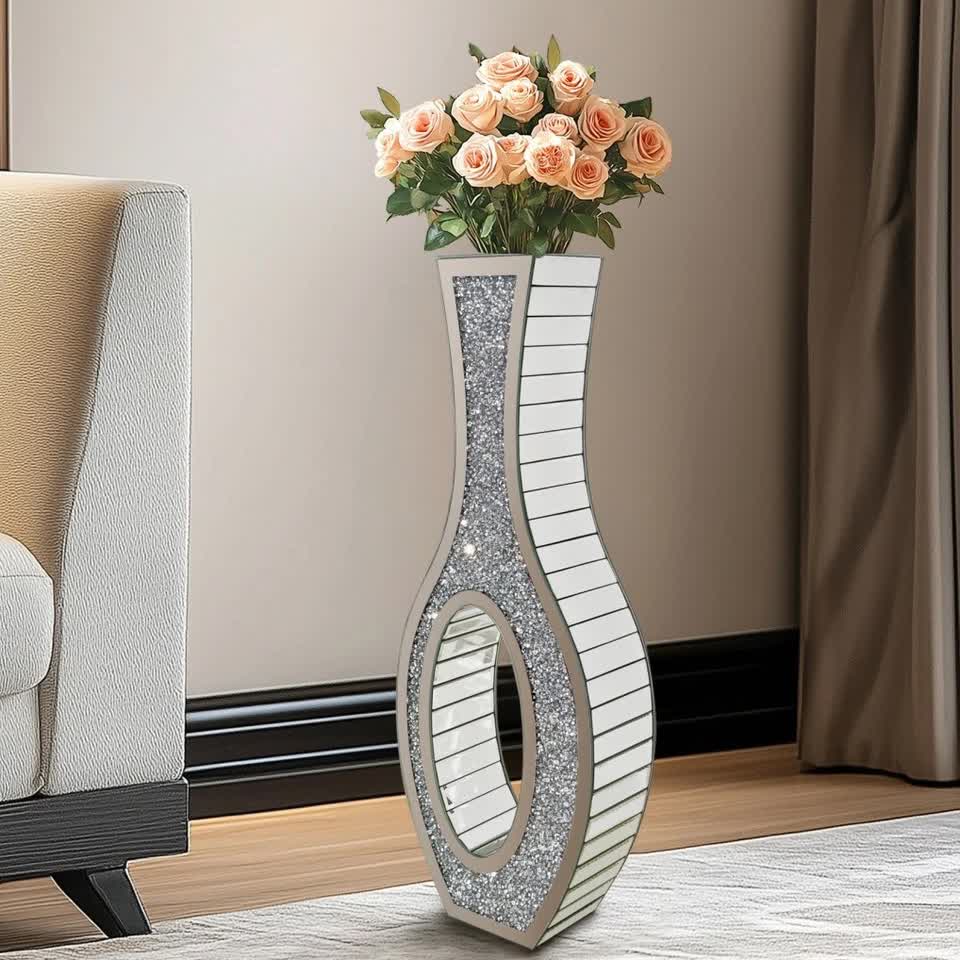30-Inch Tall Double Sided Crushed Diamond Floor Vase Large Mirrored Silver view 3