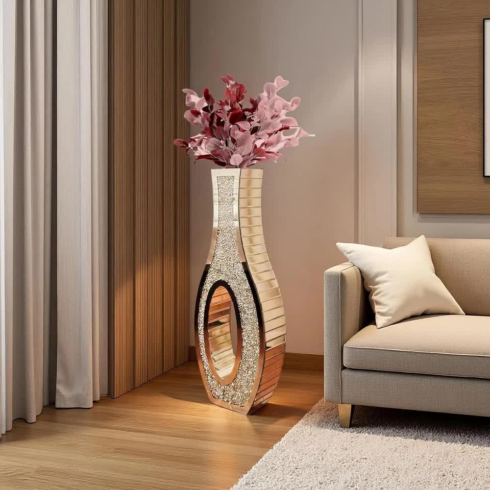30-Inch Tall Double Sided Crushed Diamond Floor Vase Large Mirrored Silver view 4