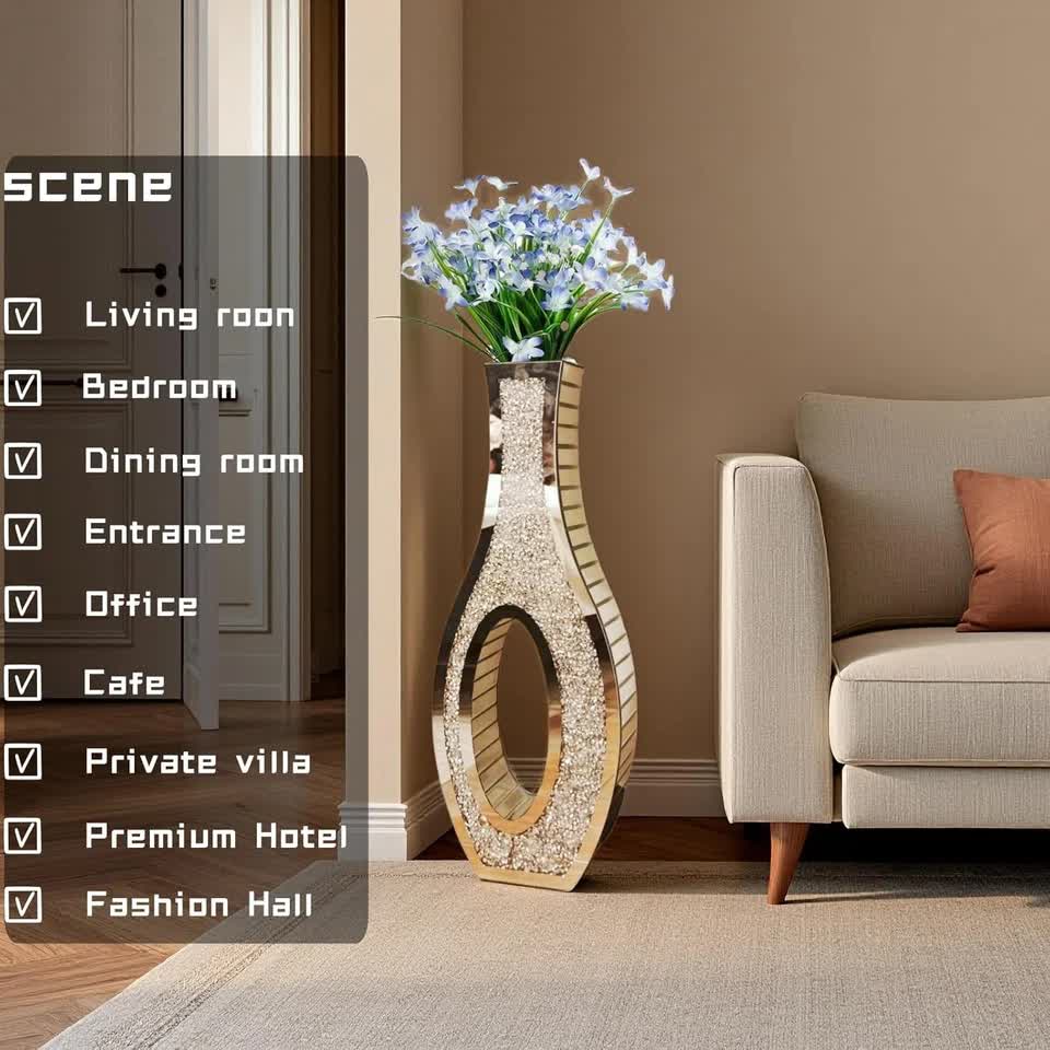 30-Inch Tall Double Sided Crushed Diamond Floor Vase Large Mirrored Silver view 6