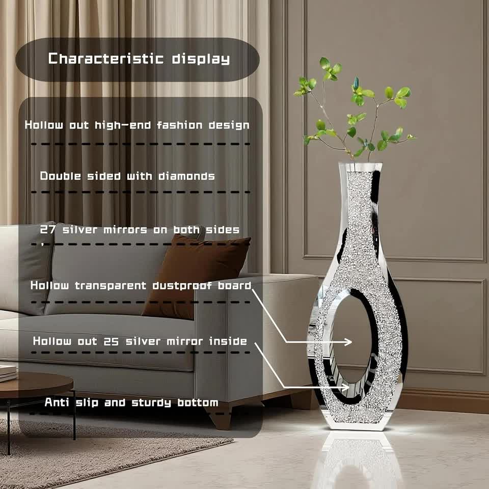 30-Inch Tall Double Sided Crushed Diamond Floor Vase Large Mirrored Silver view 7