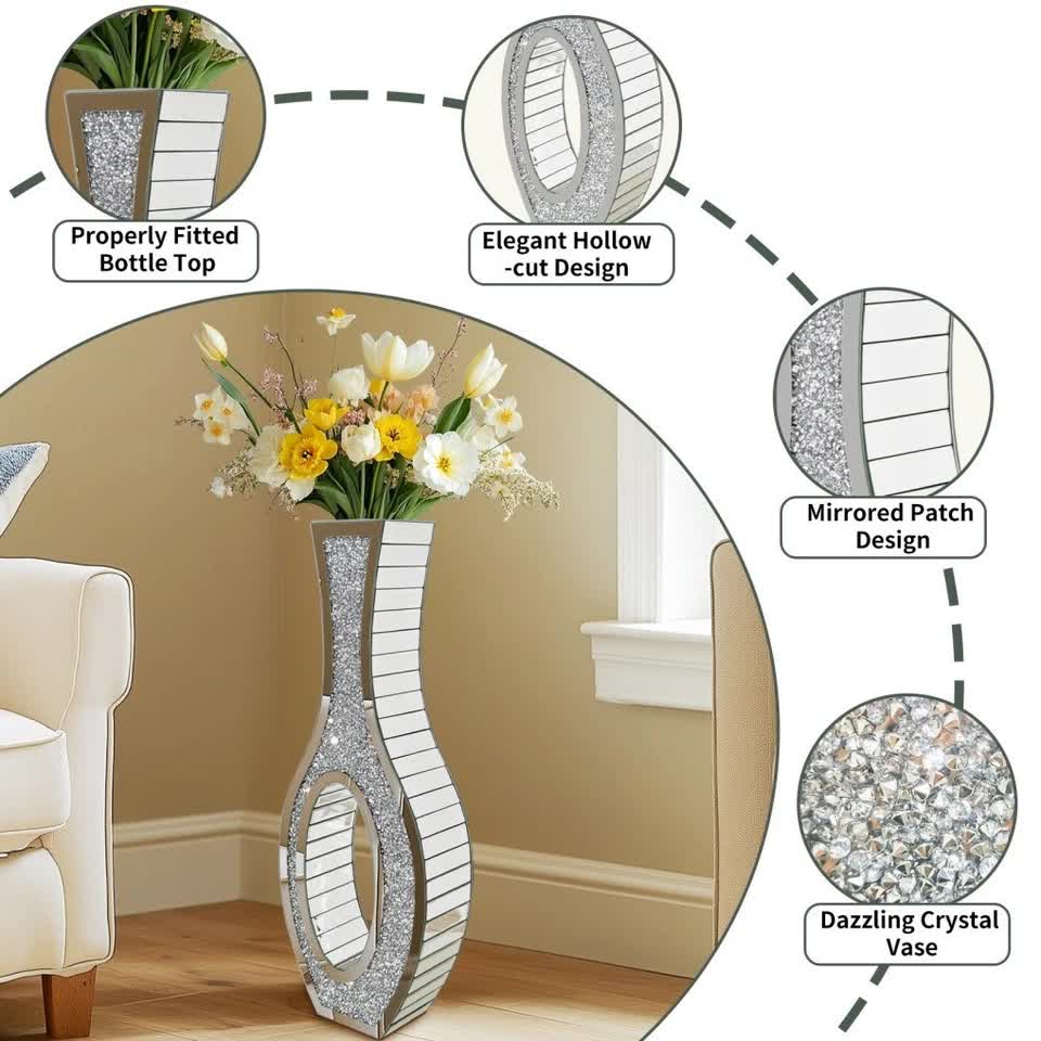 30-Inch Tall Double Sided Crushed Diamond Floor Vase Large Mirrored Silver view 9
