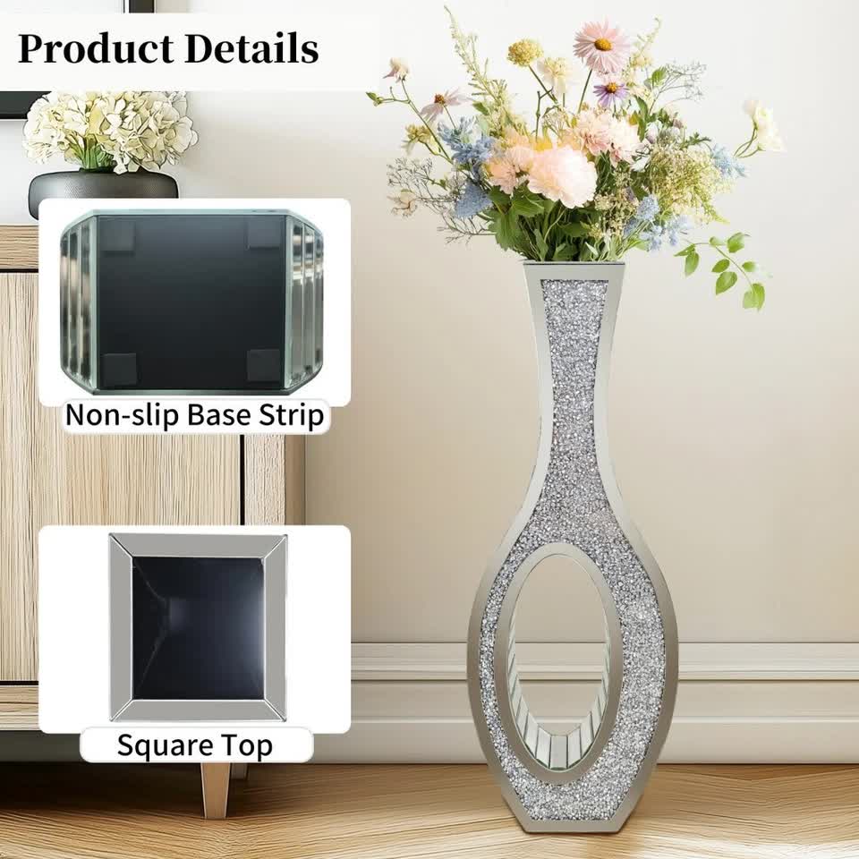 30-Inch Tall Double Sided Crushed Diamond Floor Vase Large Mirrored Silver view 10