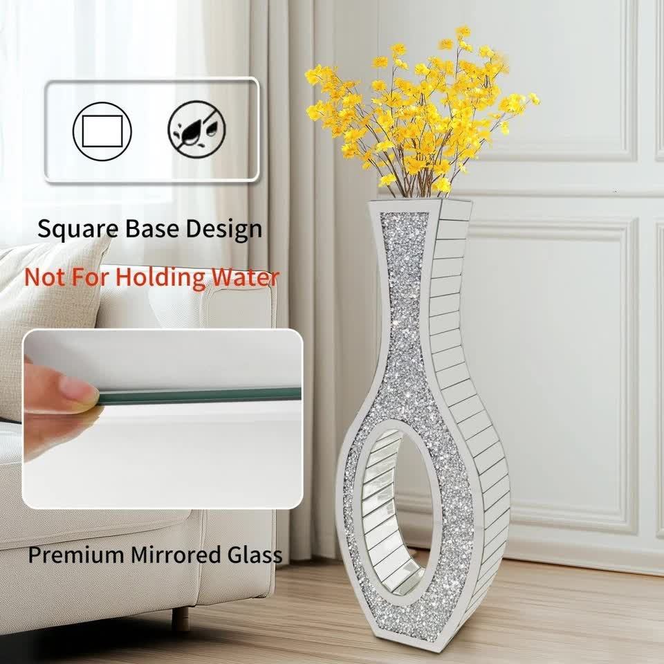 30-Inch Tall Double Sided Crushed Diamond Floor Vase Large Mirrored Silver view 11