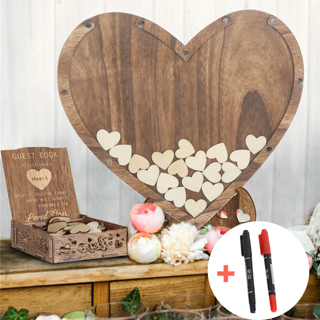 Wedding Guest Book Alternative with Stand+Storage Box+88PCS Wooden Hearts+Pens view 2