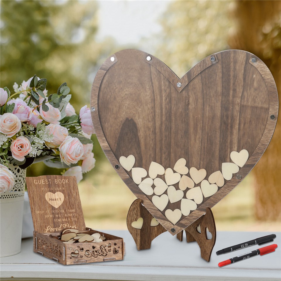 Wedding Guest Book Alternative with Stand+Storage Box+88PCS Wooden Hearts+Pens view 3