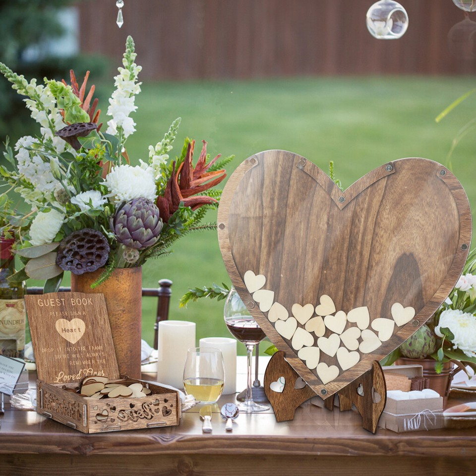Wedding Guest Book Alternative with Stand+Storage Box+88PCS Wooden Hearts+Pens view 4