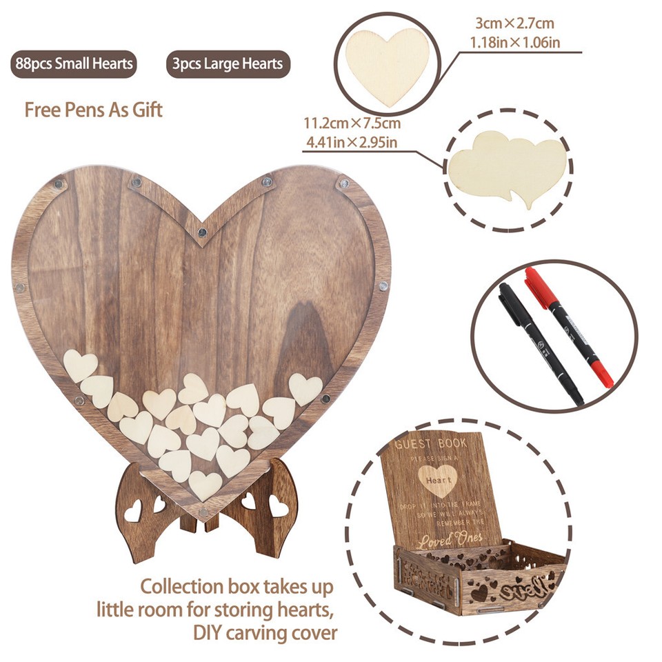 Wedding Guest Book Alternative with Stand+Storage Box+88PCS Wooden Hearts+Pens view 6