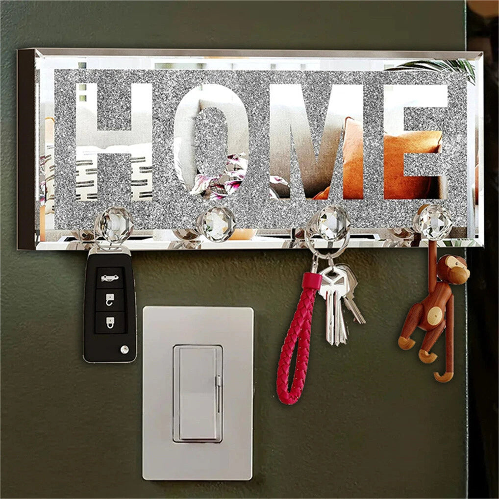 Crushed Diamond Mirrored Wall Mounted Key Hooks Storage Holder HOME Letter view 2