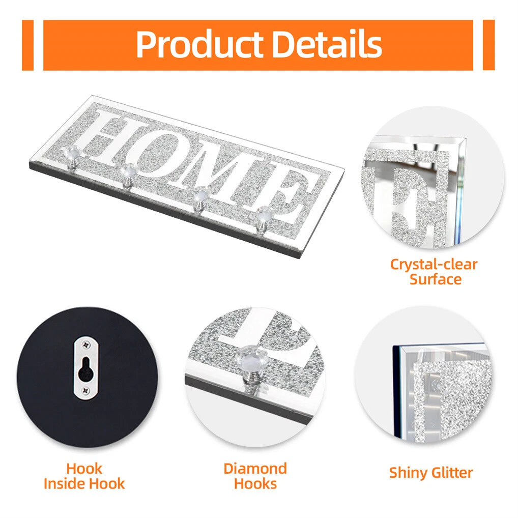 Crushed Diamond Mirrored Wall Mounted Key Hooks Storage Holder HOME Letter view 3