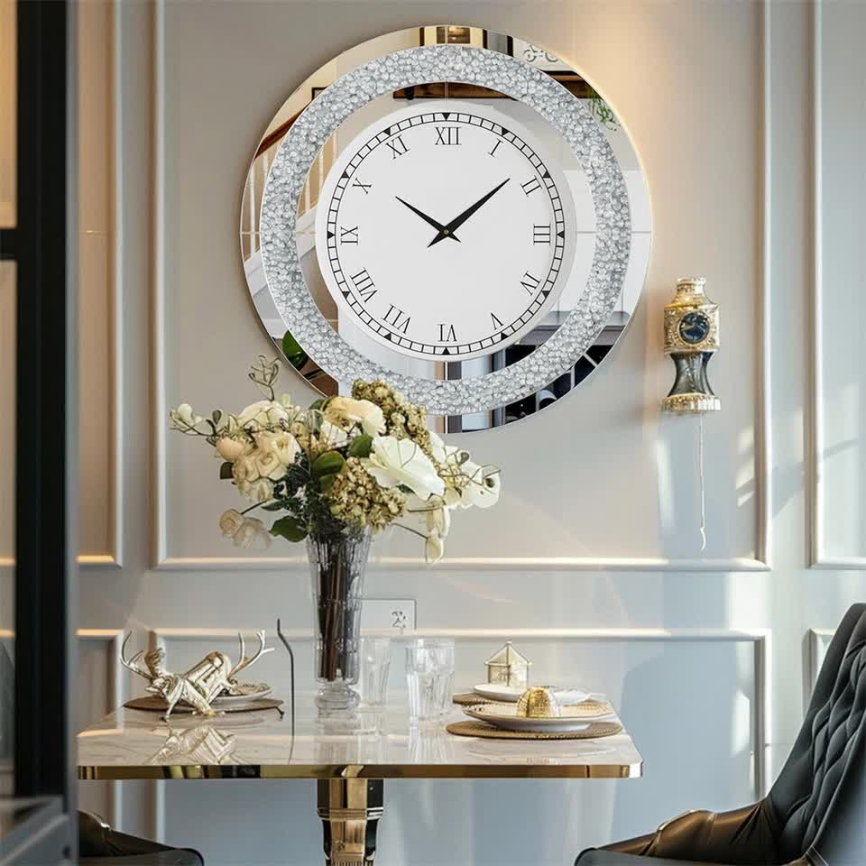 P&P Silver Crushed Diamond Square Wall Clock Luxury Decorative 60x60cm view 3