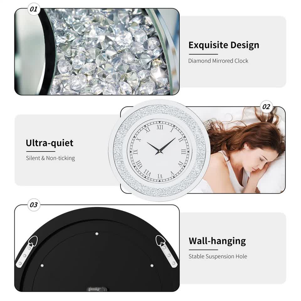 P&P Silver Crushed Diamond Square Wall Clock Luxury Decorative 60x60cm view 5