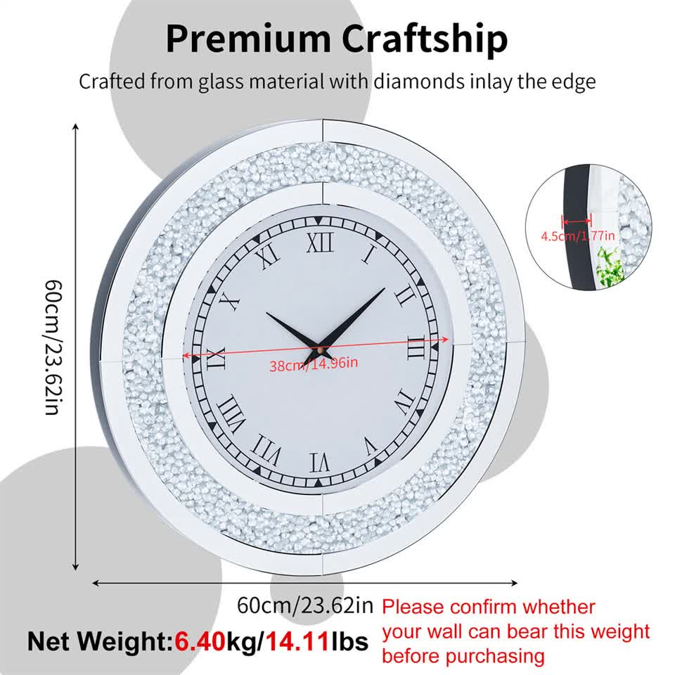 P&P Silver Crushed Diamond Square Wall Clock Luxury Decorative 60x60cm view 6